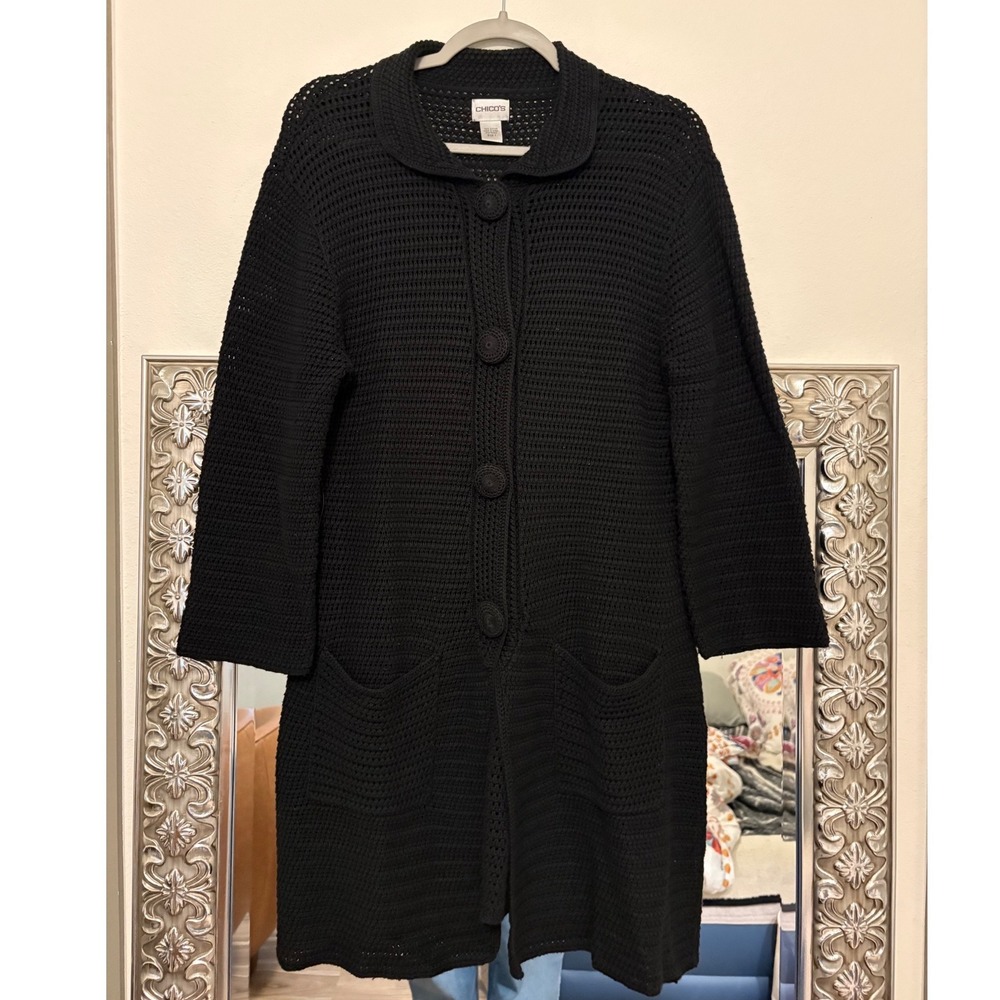 Chico's Black Crochet Knit Longline Duster Cardigan Sweater Size 1 Medium h5